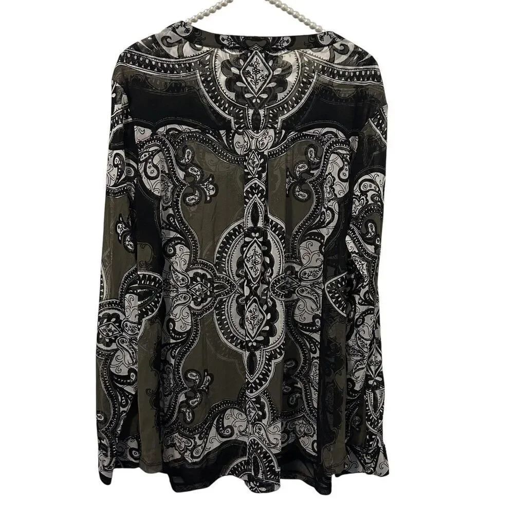INC International Concepts Blouse Womens 2XL Paisley Sheer Lace Up Top goth